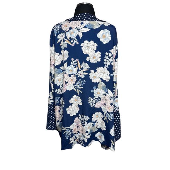 Suzanne Betro Floral Polka Dot Printed Kimono Top Cardigan Blue Long Sleeves 1X - Picture 6 of 14